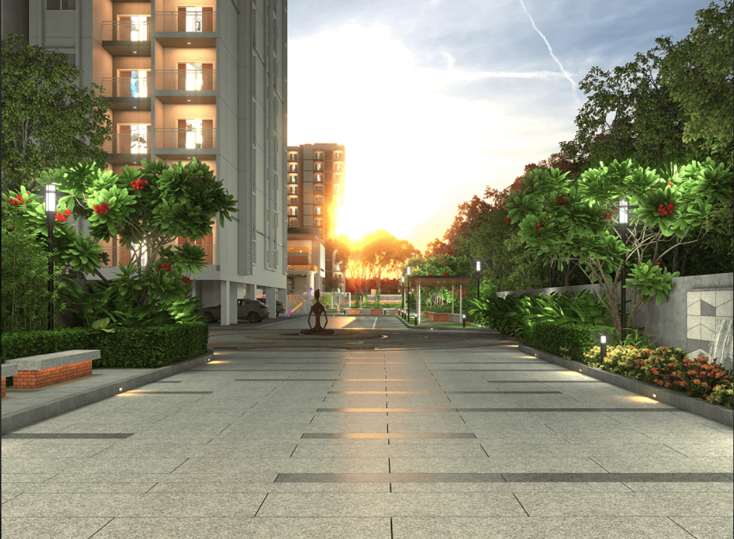 Sunset view through landscaped walkways with lush greenery and flowering plants